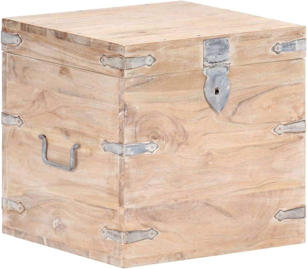 White Storage Trunk with Lockable Lid, Solid Acacia Wood Square End Table, Decorative Small Chest for Bedroom Living Room, 15.7 x 15.7 x 15.7 Inch