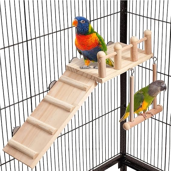 Bird Perches Platform Swing with Climbing Ladder, Parakeet Cage Accessories Wooden Playing Gyms Exercise Sturdy for Small Birds-image-4