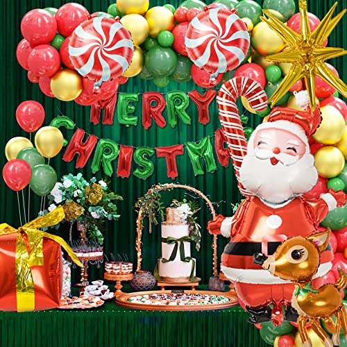160Pcs Christmas Balloons Garland Arch Kit - Red Green Party Decorations Balloons With Santa Claus Elk Cane Candy Gift Box Cone Mylar Balloons For Christmas Holiday New Year Winter Party Decorations #TOP6