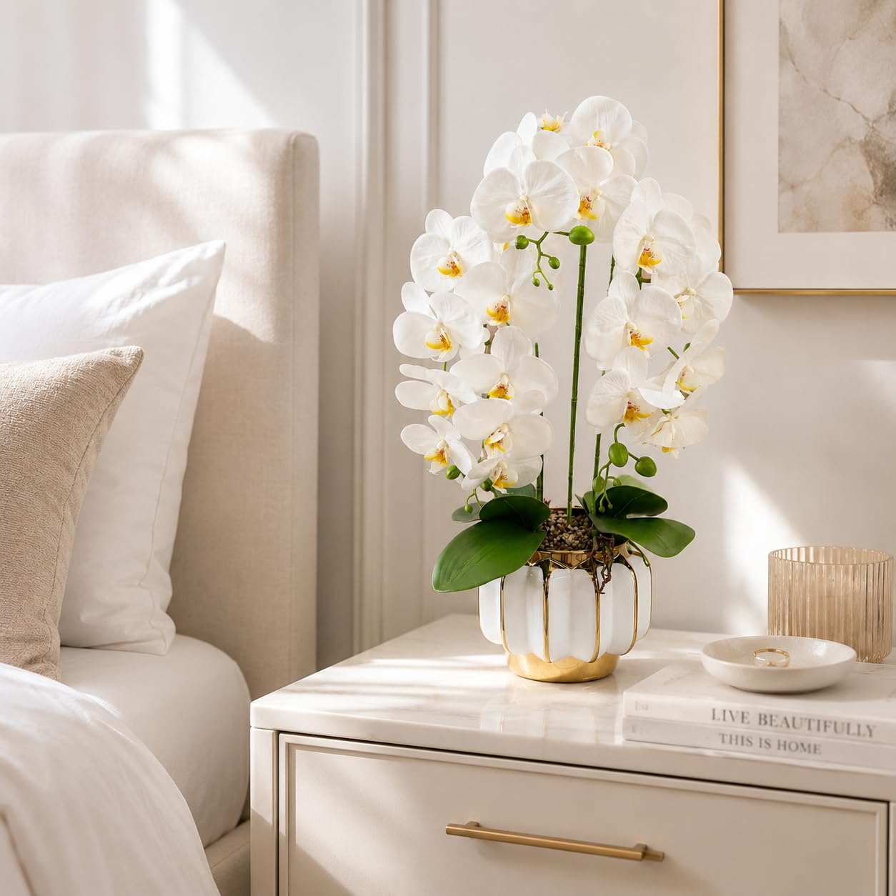 PASCH® XXL Orchideen künstlich in Hochglanz-Keramiktopf (72cm) | Kunstblumen im Topf | Kunstblumen wie echt | künstliche Orchideen im Topf | künstliche Blumen im Topf
