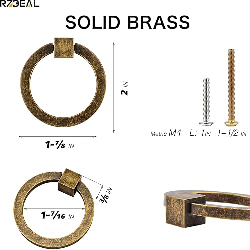 Miniatura 2 de RZDEAL 12 tiradores de latón antiguo de latón macizo de 2.0 x 1-78 pulgadas para cajones de tocador, tiradores de anillo de muebles, manijas de