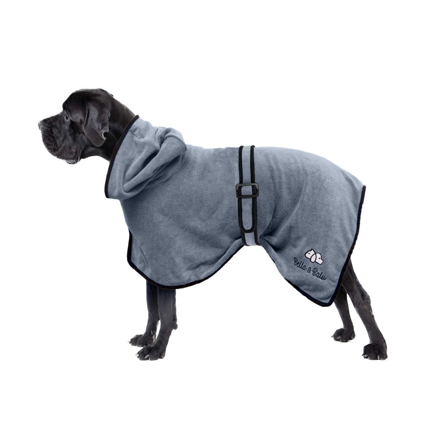 Bella & Balu Accappatoio per Cani (XL Grigio) - Accappatoio per Cani in Microfibra con Cappuccio e Cintura Regolabile per asciugare Il Cane Dopo Il Bagno, in Spiaggia o Dopo la Pioggia