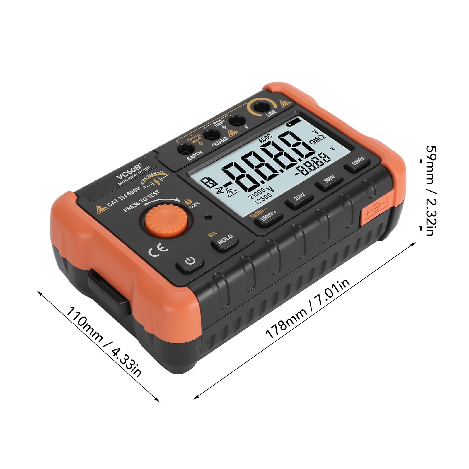 Insulation Tester High Definition LCD Display with Voltage Selection, Backlit, Shoulder Strap for Field Use