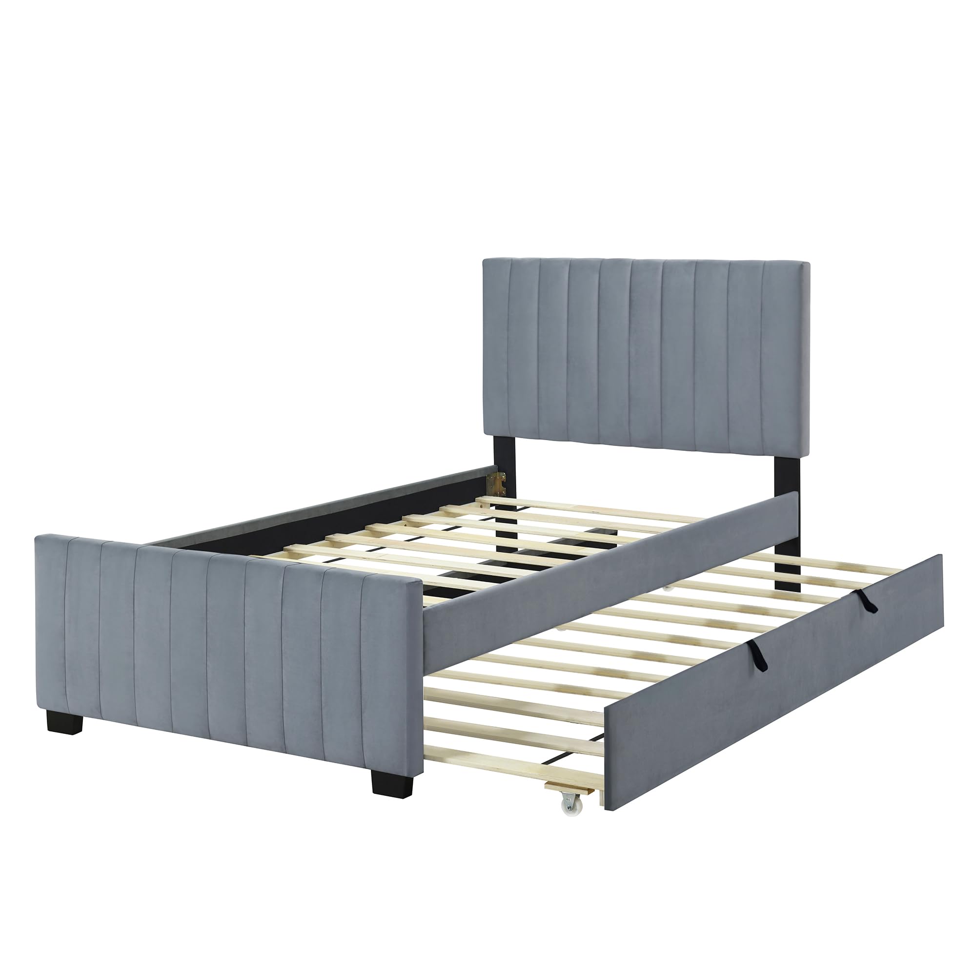 KAZZIO Cama tapizada de 90 x 190 cm con cama nido, cama individual plana en tela de terciopelo agradable a la piel, para niños, cama juvenil, cama de invitados, color gris