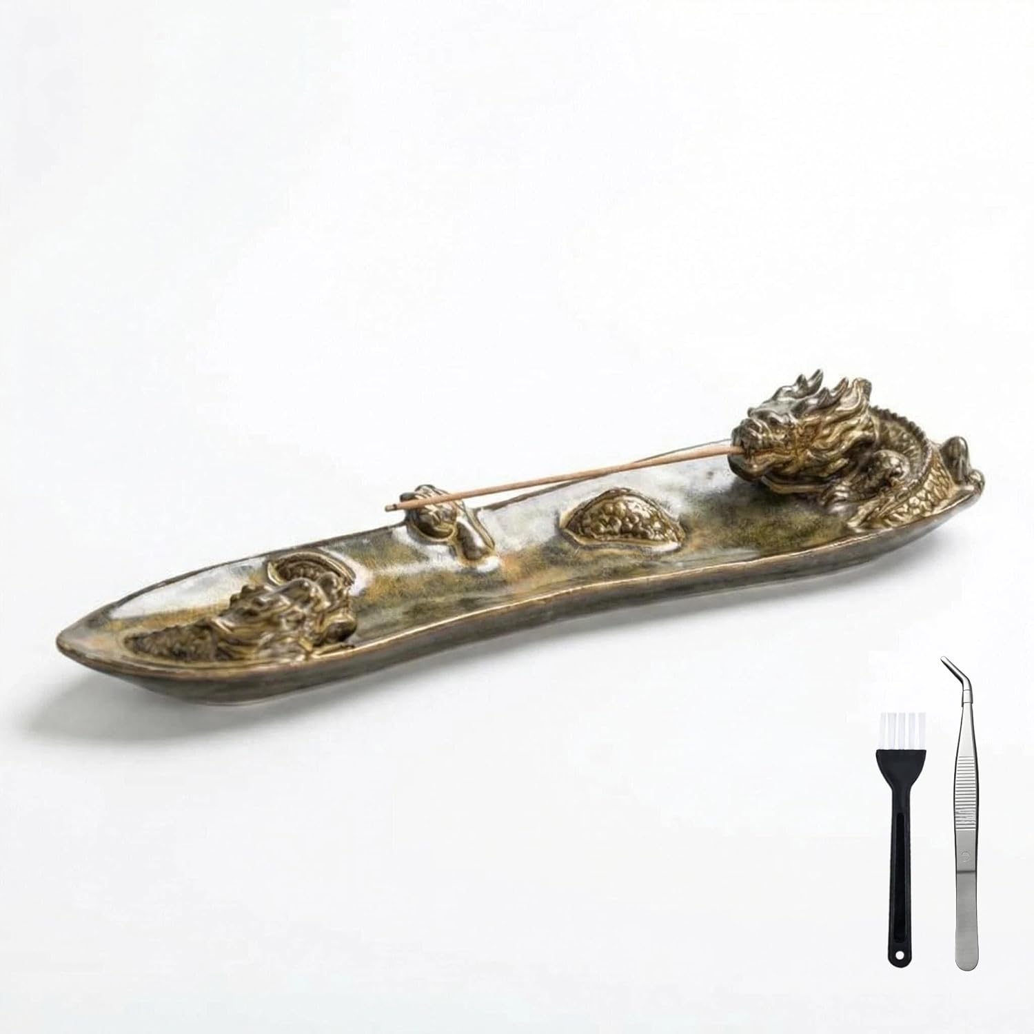 Incense Holder for Sticks, Chinese Dragon Ceramic Incense Holder with Tweezer & Brush – Zen Home Decor for Meditation, Yoga, or Tea Ceremony