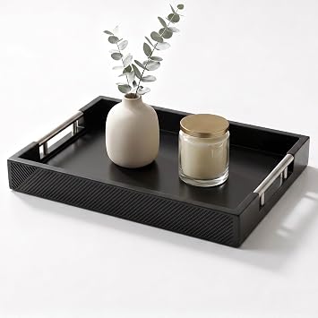 Decorative Serving Tray, Modern Rectangle Wood Tray with Polished Metal Handles, Glossy Finish, 16.5x12 Inch, for Coffee Table, Ottoman Black