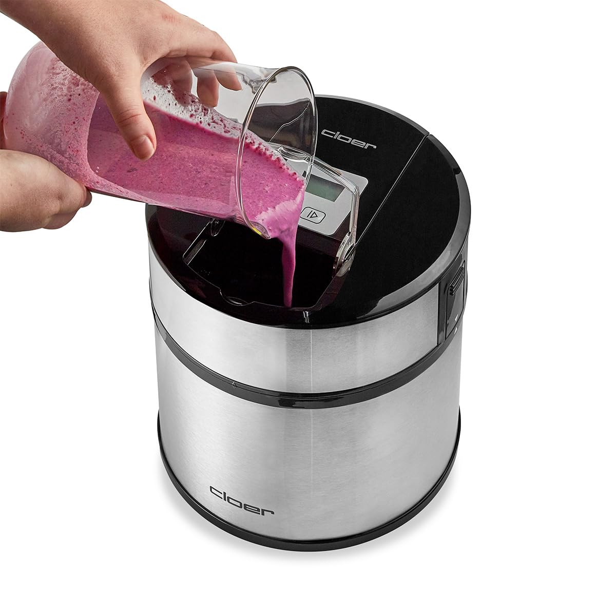 Cloer 9959 Sorbetière pour crème glacée, glace, yaourt glacé et sorbet, capacité 1,5 l, écran LED, cuillère à glace incluse, boîtier en métal