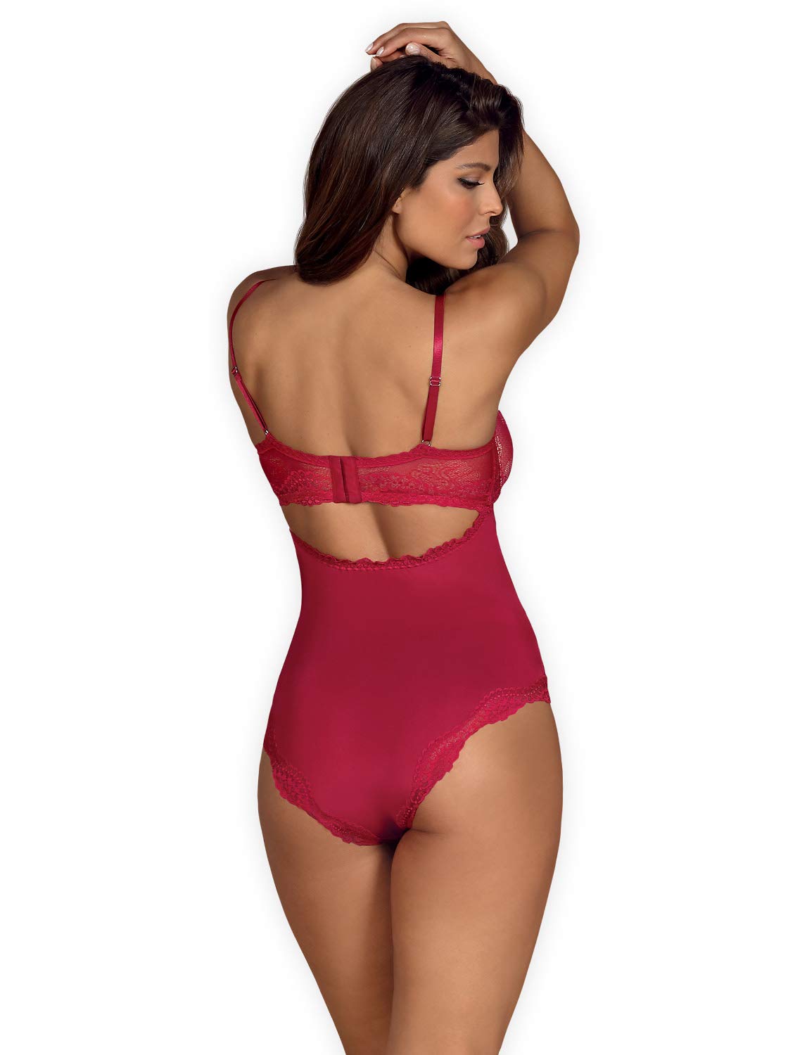 Obsessive. Frauen Dessous Teddy Body in Rot mit Schleife aus Stretch und floraler Spitze transparent erotisch elastisch