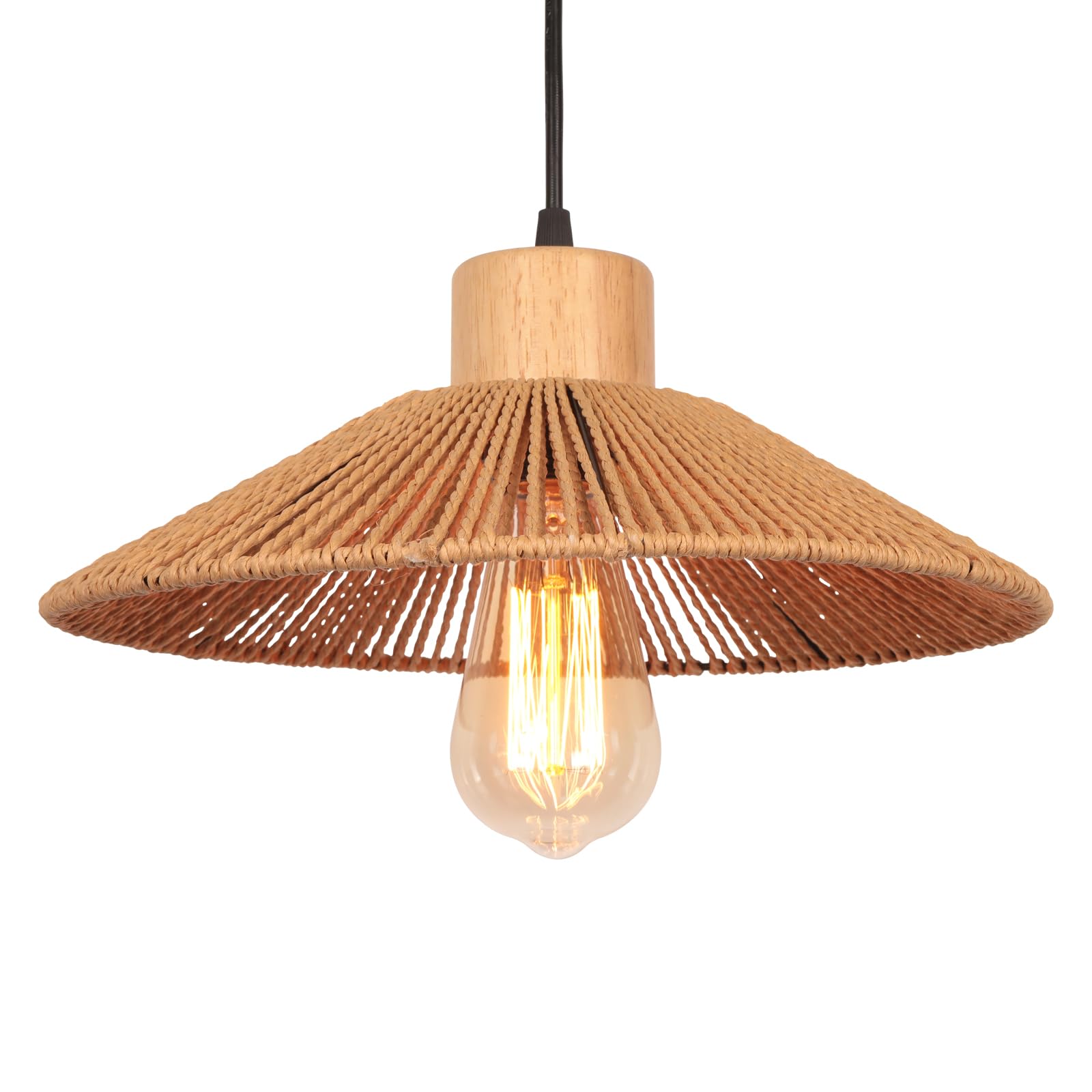 TOKIUS Lámpara Colgante Nórdico 30CM Lámpara de Techo Boho Pantalla de Ratán Decorativa Madera E27 Luz Colgante Vintage para Dormitorio, Salón, Cocina, Comedor, Cafetería, Restaurante