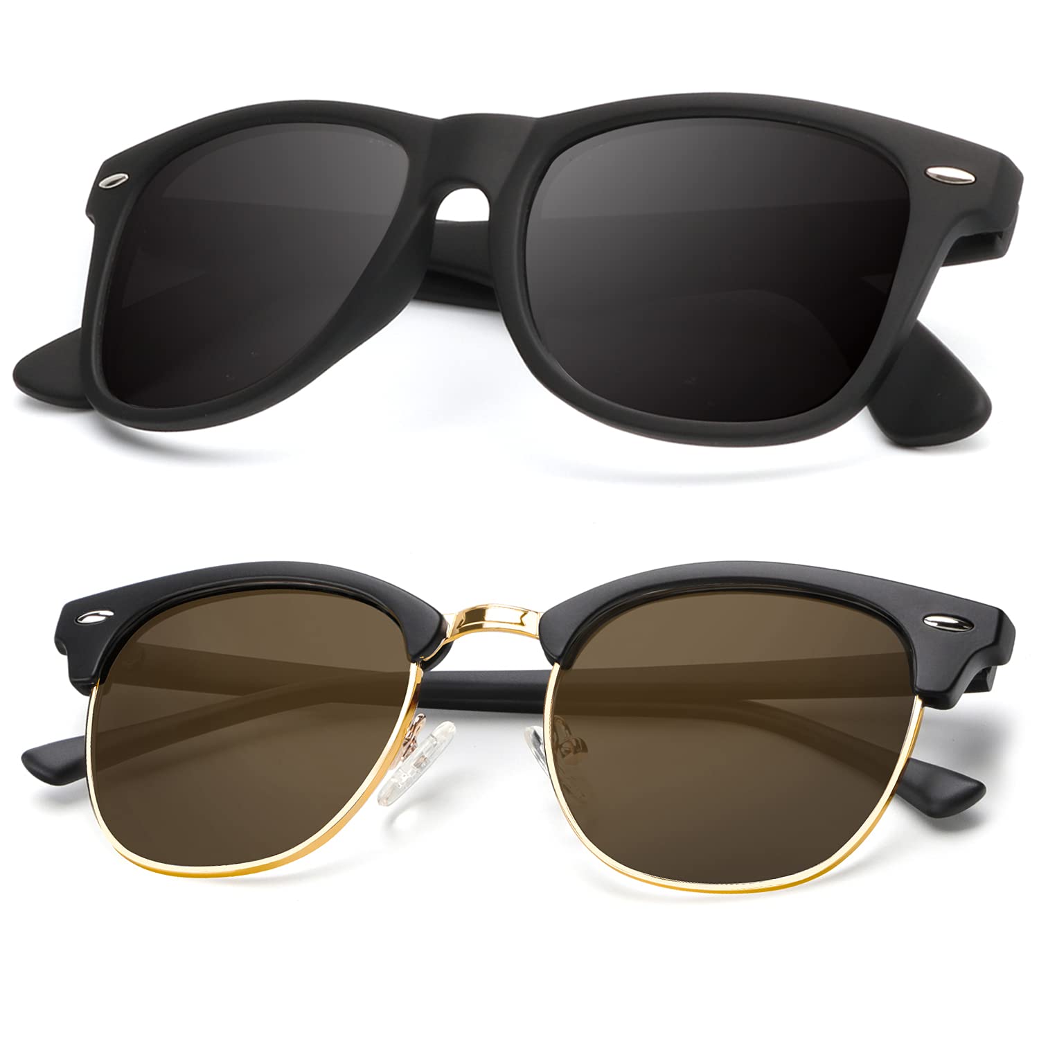 KALIYADI Polarized Sunglasses for Men and Women Semi-Rimless Frame Driving Sun glasses UV Blocking B06-(2 Pack) Matte Black | Brown | Golden Rim / Matte Black Multicoloured