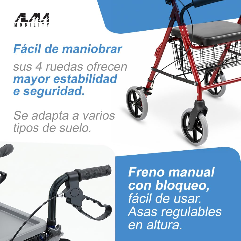 ALMA Andador para Ancianos con Asiento y 4 Ruedas, Rollator Plegable de Aluminio Ligero, Ajustable en Altura, con Respaldo, Cesta y Frenos de Maneta con Bloqueo, para Adultos y Personas Mayores