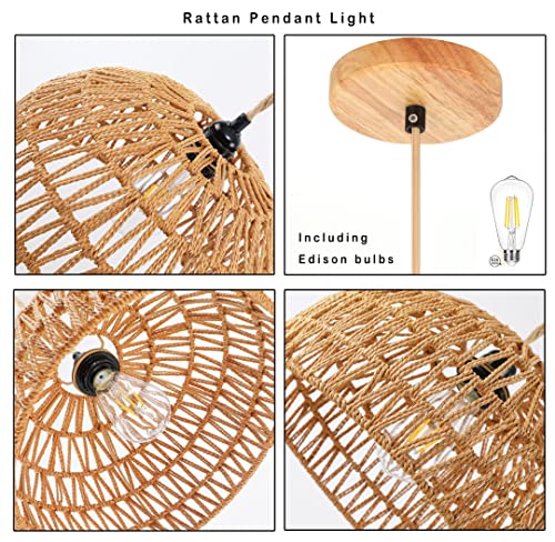 QIYIZM Rattan Pendant Light Fixture Wicker Chandelier for Kitchen Island,Farmhouse,Boho Woven Hanging Ceiling Lights Hand-Worked Bamboo Basket Lamp Shade Hanging Lamp for Living Room,Bedroom12.8 x 8IN - Image 2