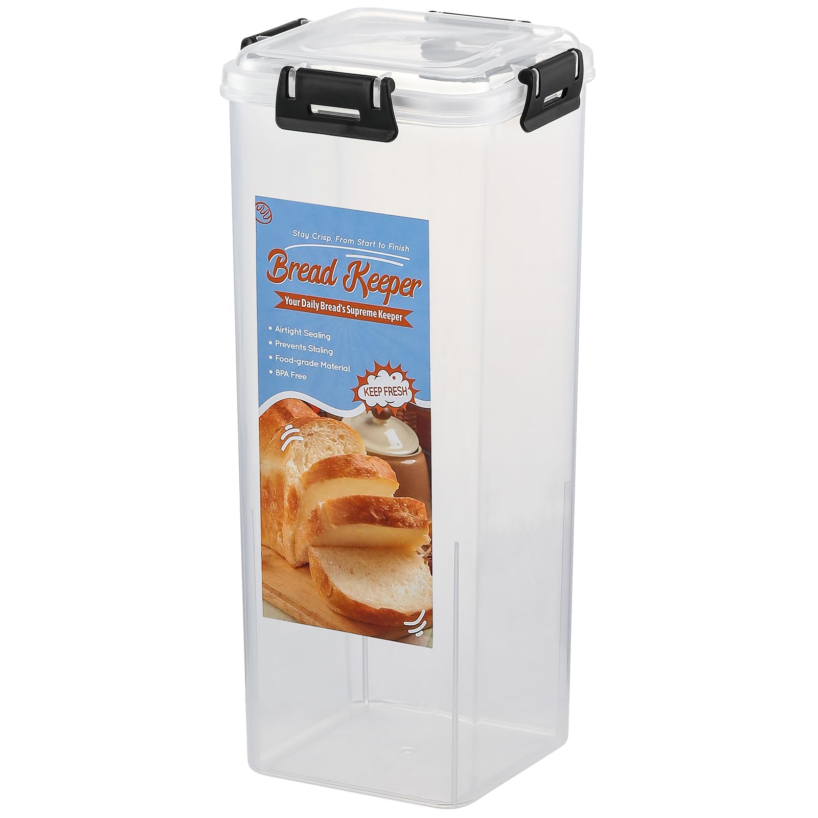 AOZITA Bread Box with Airtight Lid, Bread Storage Container, Bread Loaf Storage Dispenser, Plastic Sandwich Bread Keeper, Black Lid