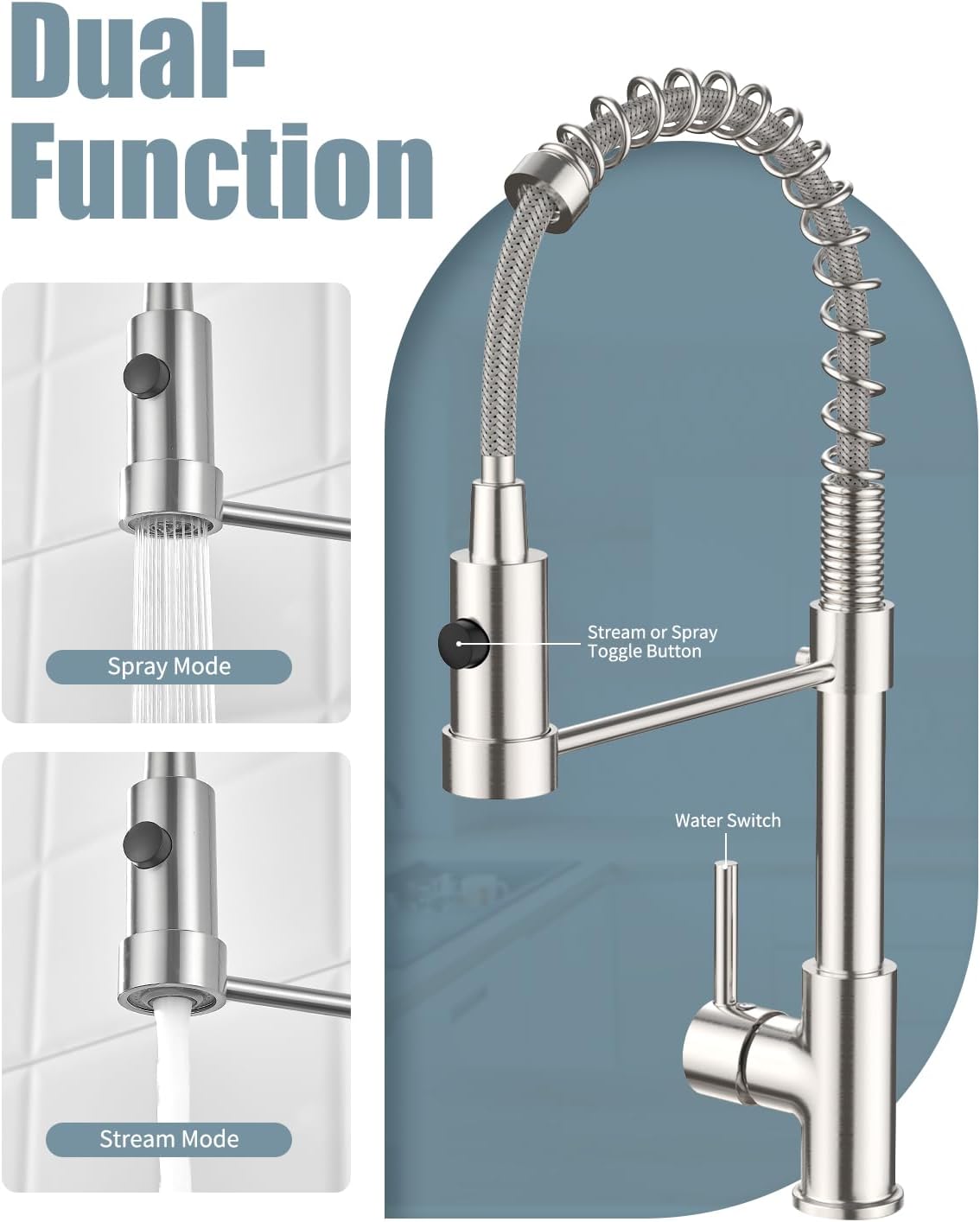 Kitchen Faucets, Brushed Nickel Kitchen Faucet with Sprayer,Commercial Single Handle Kitchen Sink Faucet,Stainless Steel Faucet for Kitchen Sink,High Arc Dual Function Spray Head