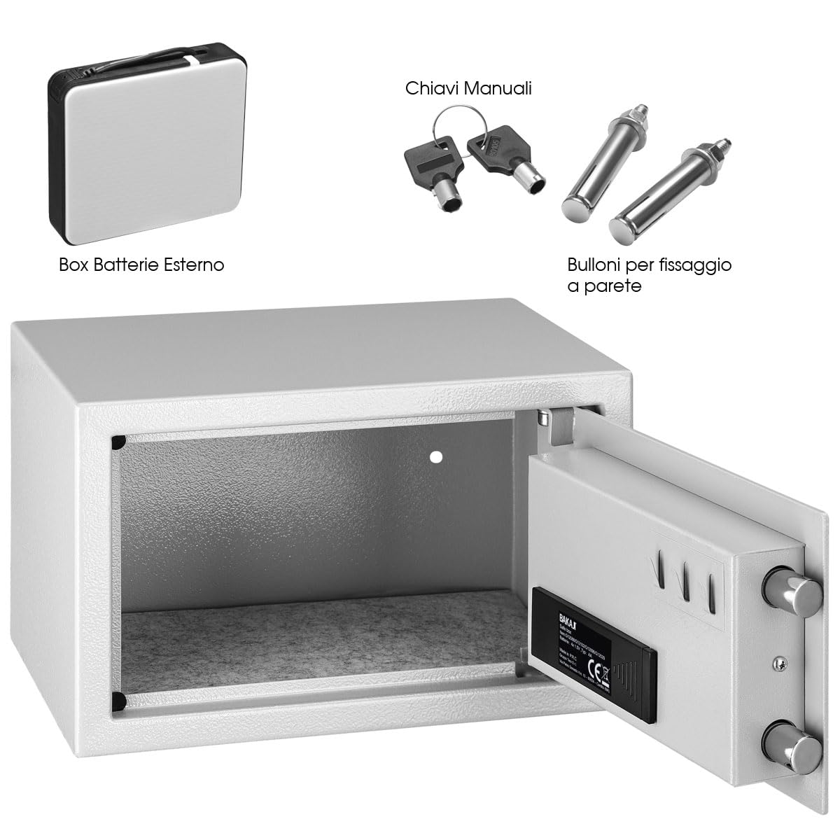BAKAJI Coffre-fort électronique de sécurité avec boîte de batterie externe, boîte à valeurs et documents anti-effraction pour maison, hôtel, installation murale ou indépendante, 31 x 20 x 20 cm (gris)