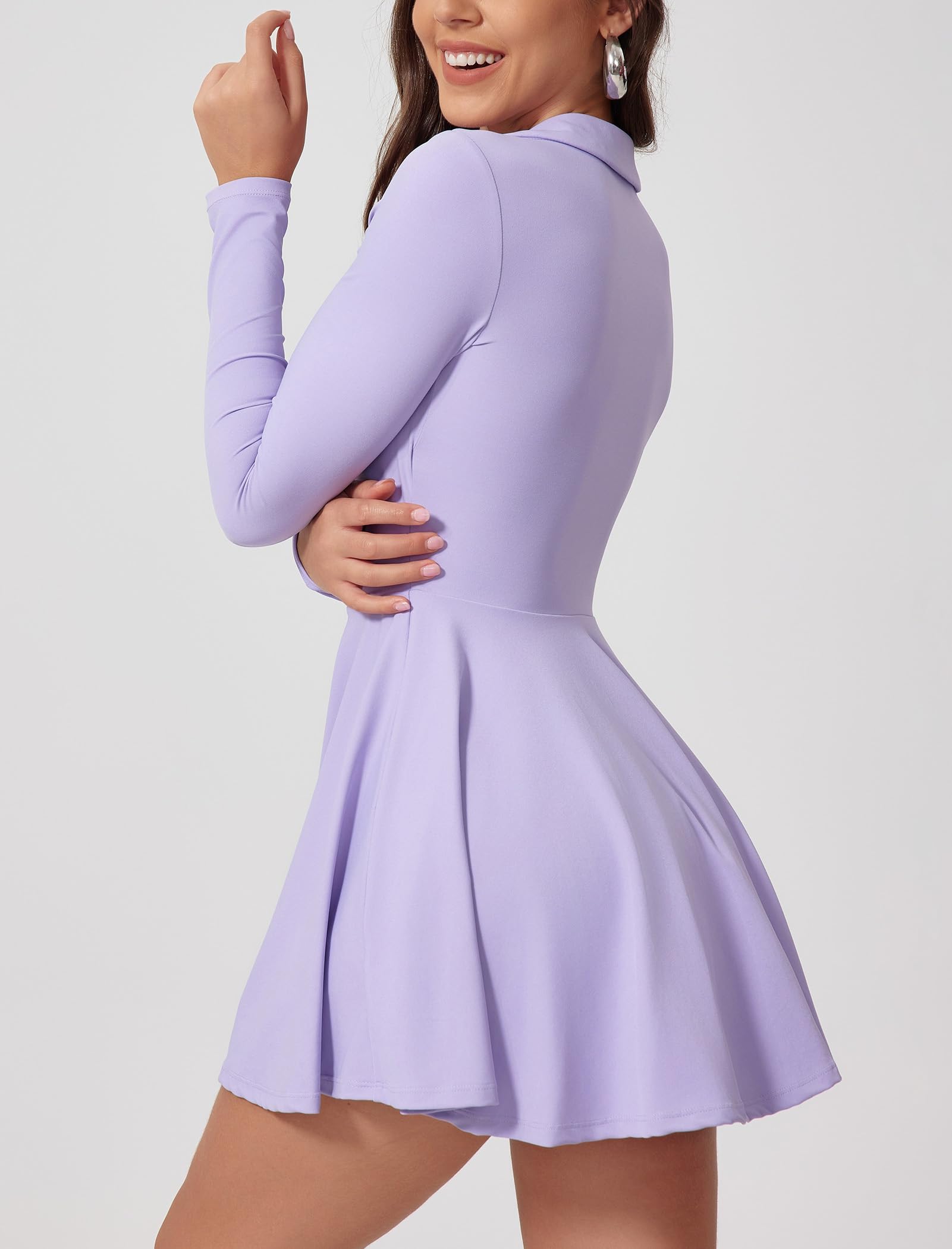 IDOPIP Robe de tennis à manches longues pour femme - Avec soutien-gorge et short intégrés - Mini robe d'été sexy - Col en V - Robe polo avec poche - Jupe de tennis - Combinaison de sport pour