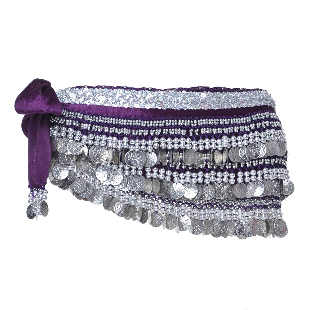 Bellylady Women's Purple Belly Dance Hip Scarf, Multi-Row Silver Coin Dance Skirt, Gift Idea