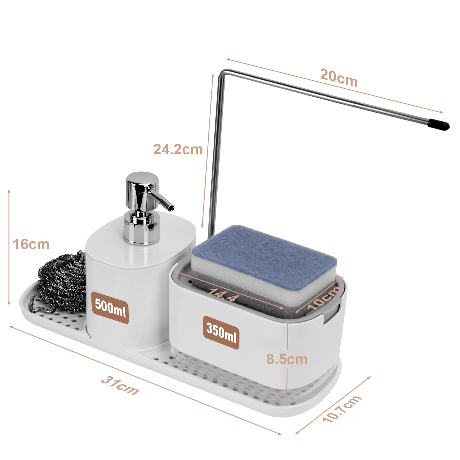 Dadabig Organizador de Fregadero de Jabón Líquido, Soporte para Esponja de Fregadero, Dispensador de Jabón, Juego de Organizador de Cocina, Blanco