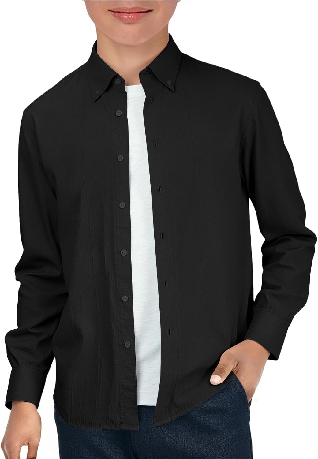 Haloumoning Boys Long Sleeve Button Down Shirt Kids Cotton Texture Dress Shirts School Uniform Shirt 5-14 Years