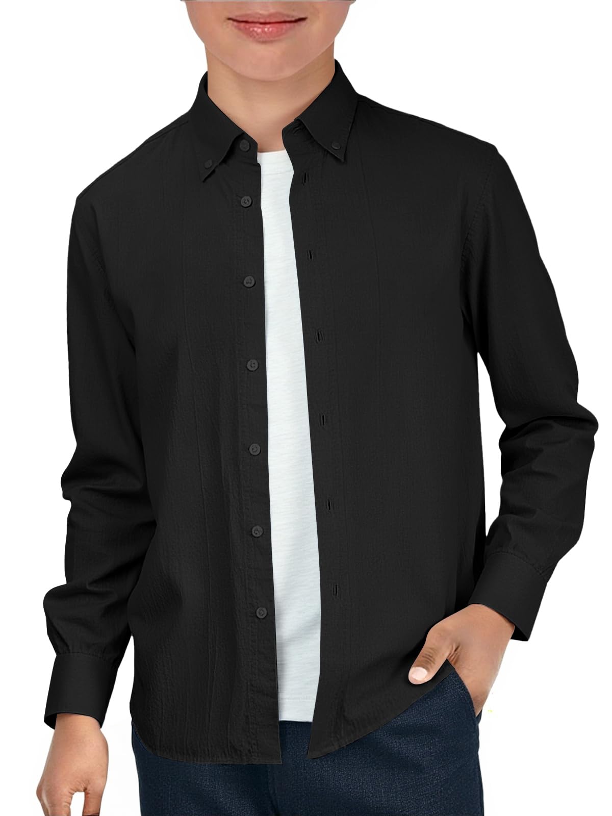 Haloumoning Boys Long Sleeve Button Down Shirt Kids Cotton Texture Dress Shirts School Uniform Shirt 5-14 Years