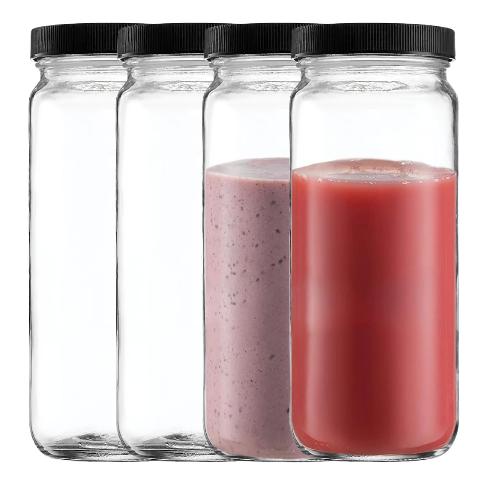 Paquete de 4 botellas de vidrio para jugo, tarros de viaje de 16 onzas, vasos de agua con tapas herméticas negras, tarro alto reutilizable para jugo, té de burbujas, batidos, té, kombucha (negro)