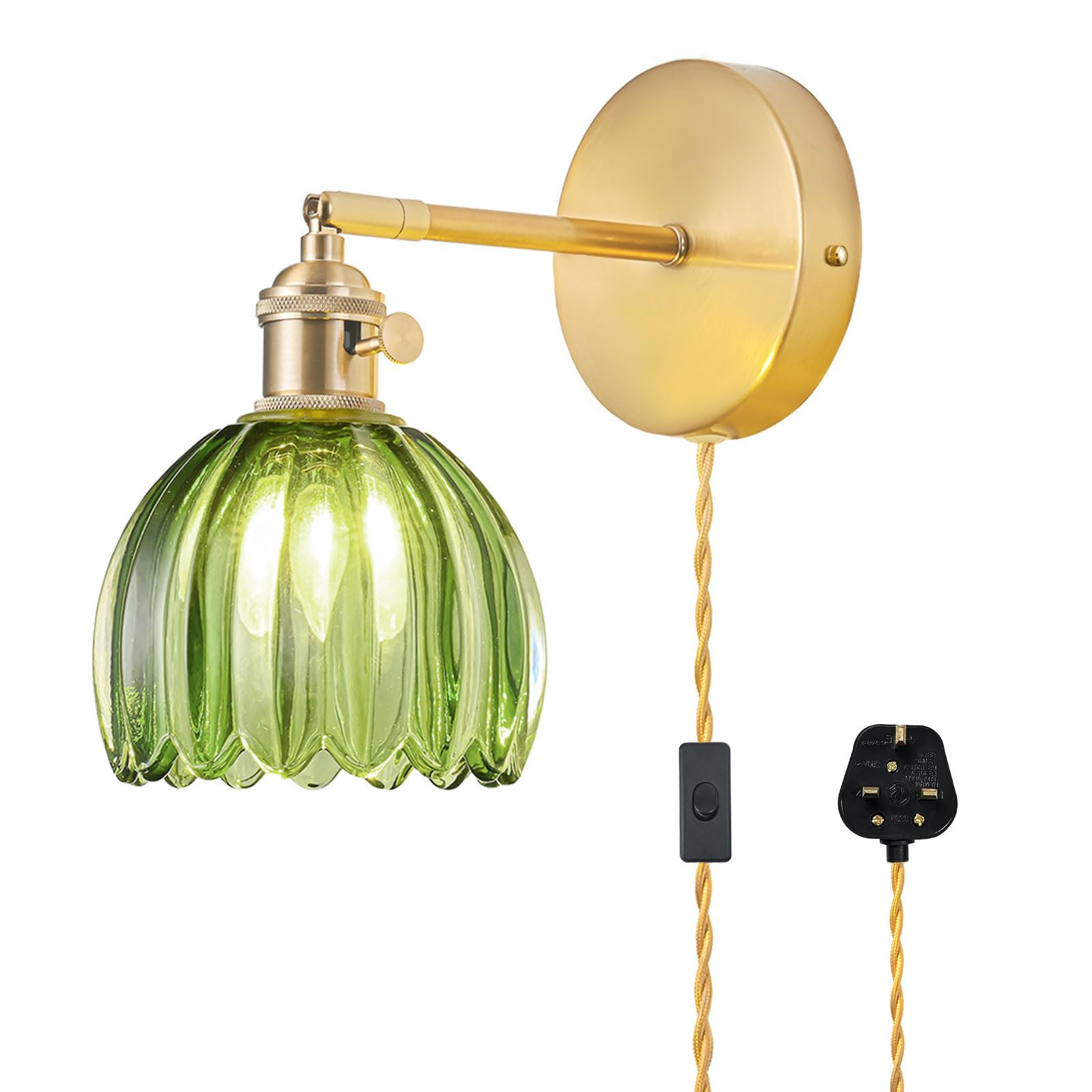 Plug in Wall Light, Vintage Wall Lights with Tulip Green Glass Lampshade, 180° Adjustable Wall Light with Switch and Plug in Wall Lamp Cord, Wall Lights for Living Room, Light Bulb Not Included