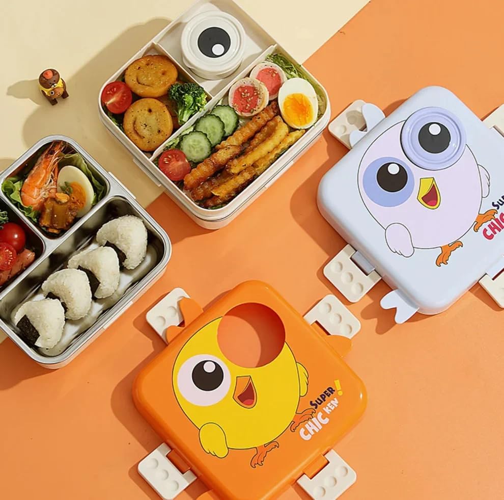 Image of 3 Compartment Stainless Steel Tiffin Box - Insulated, Leak-Proof & BPA-Free Bento Box with Tray, Spoon & Container for School, Office, Travel - 1120ml + 70ml, Orange