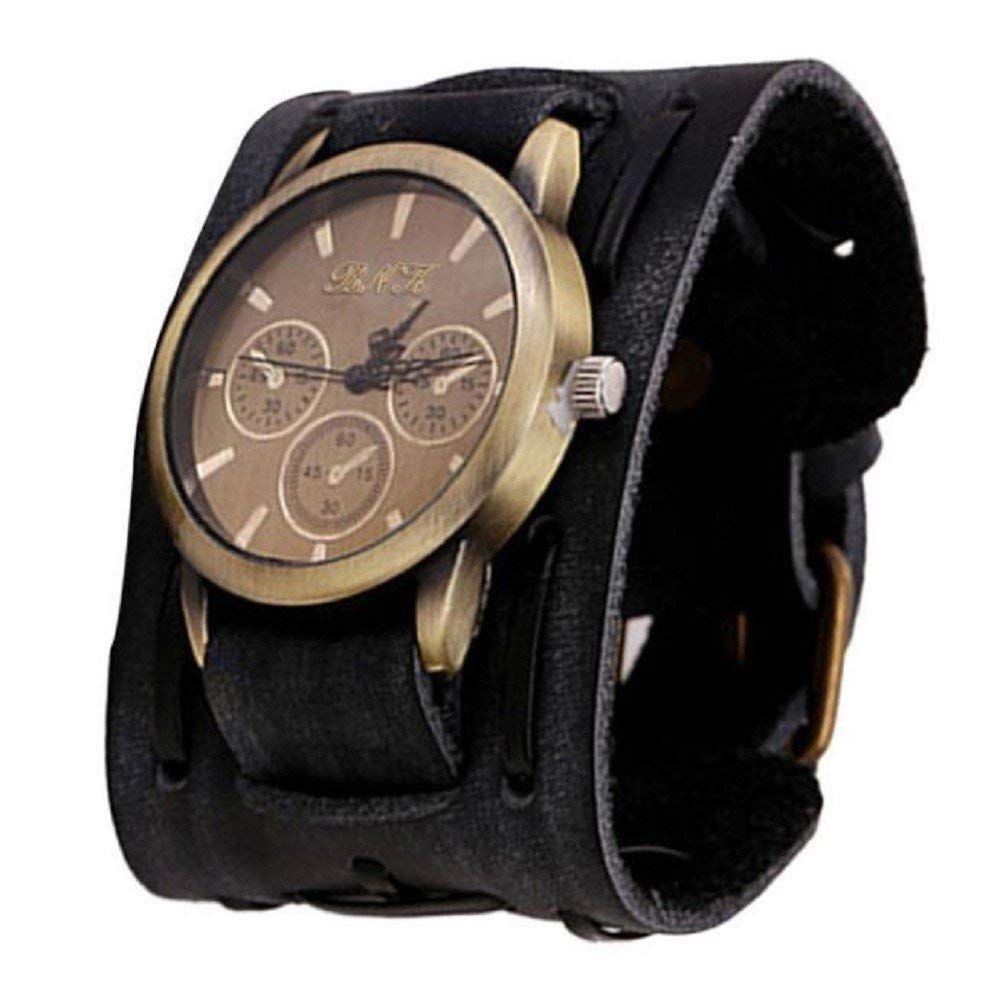 Retro Style Punk Rock Brown Big Wide Leather Bracelet Cuff Men Wrist Watch Black Superior  and Creative
