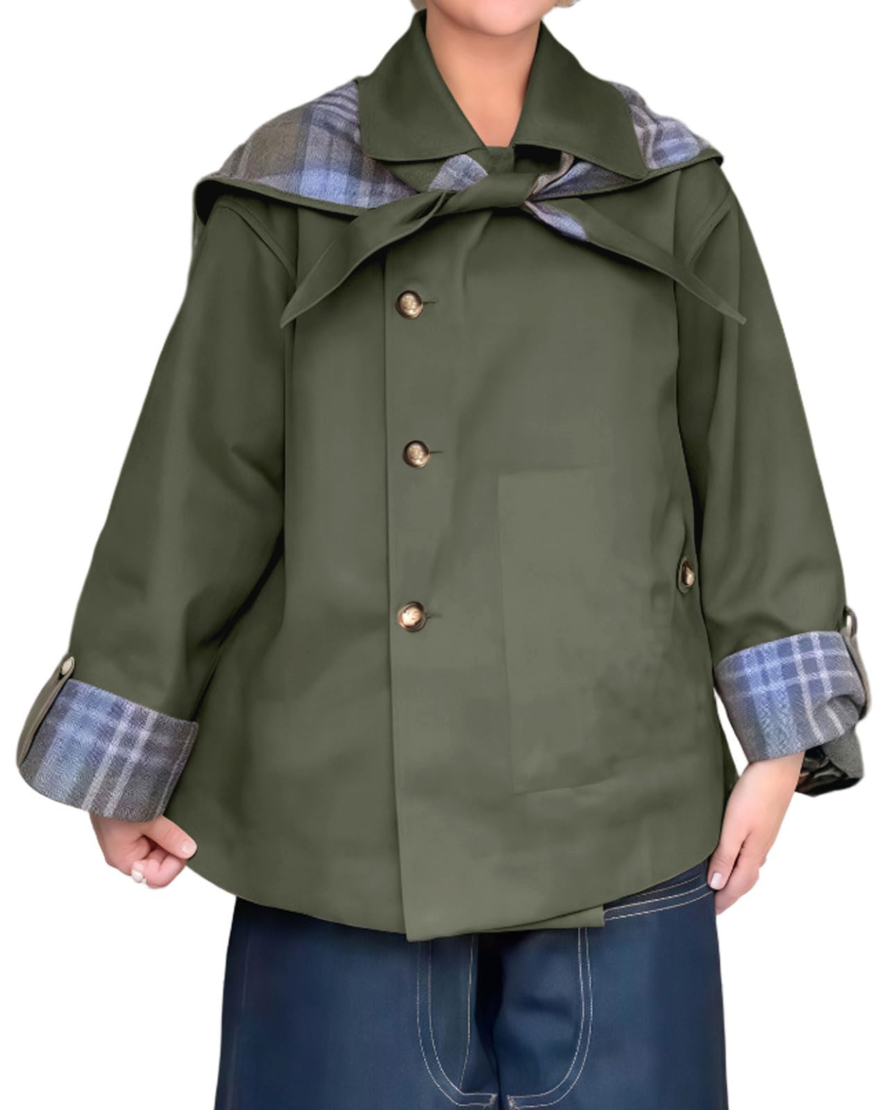 CHARTOU Women's Short Trench Coats Fall Notch Collar Plaid Reversible Oversized Jacket with Pockets