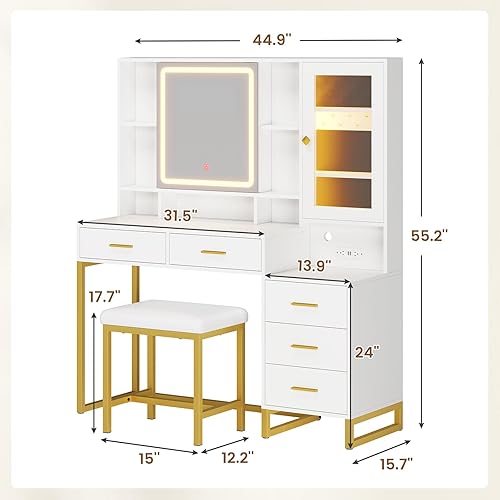 Miniatura 7 de BTHFST Tocador de maquillaje con taburete tapizado y estación de carga, escritorio con espejo y luces, juego de mesa de tocador con almacenamiento
