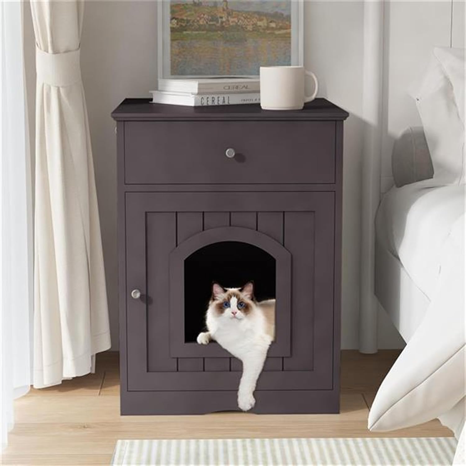 review Brown Wooden pet House, cat Litter Box Fence, cat Bed, cat House, cat condo, cat Home Bedside Table with Drawers, Side Table, Indoor pet cage
