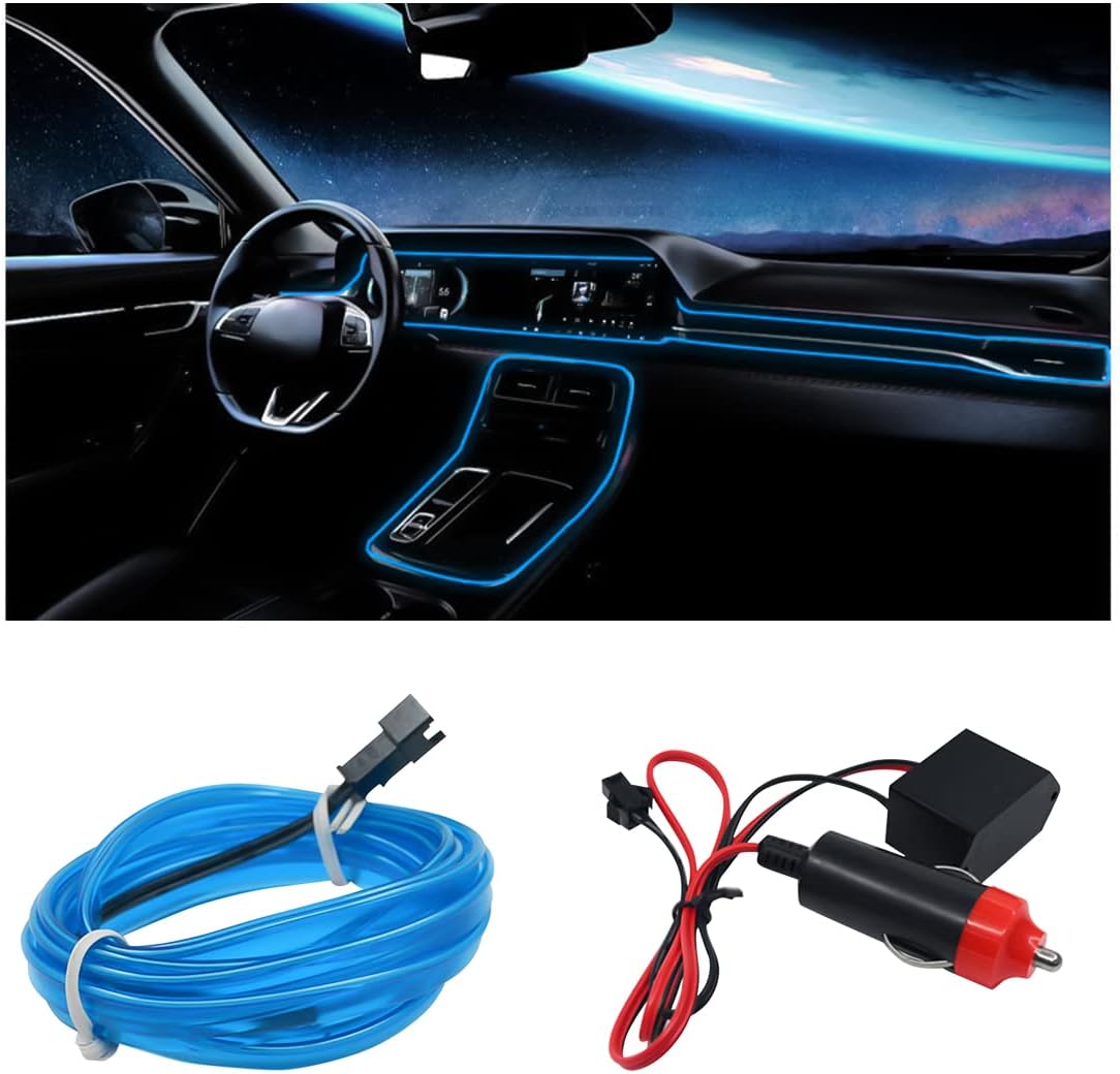 EL Wire Car Interior LED Strip Lights, 16FT Neon Light with Sewing Edge for Auto Cigarette Lighter, Electroluminescent Ambient Lighting Kits with Fuse Protection, Car Decoration Accessories (Blue)