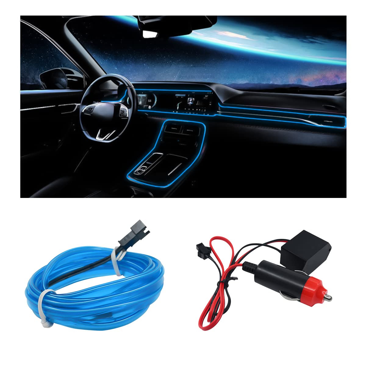 EL Wire Car Interior LED Strip Lights, 16FT Neon Light with Sewing Edge for Auto Cigarette Lighter, Electroluminescent Ambient Lighting Kits with Fuse Protection, Car Decoration Accessories (Blue)