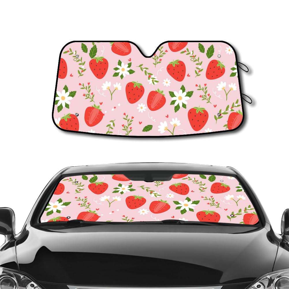 NBEADS 1 Parasol para Ventanilla de Coche con Forma de Fresa, Parasol Plegable para Parabrisas de Flores, Papel de Aluminio, con 4 Ventosa, para SUV, Camión, Furgoneta, Camión, Sedán, Rosa, 140x70 cm