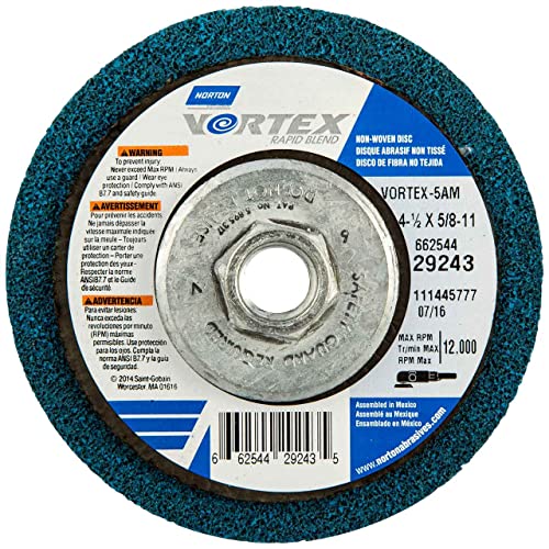 Norton 66254429243 4-1/2x5/8-11” Bear-Tex Vortex Rapid Blend Aluminum Oxide Non-Woven Depressed Center Discs, Medium Grit, 10 Pack