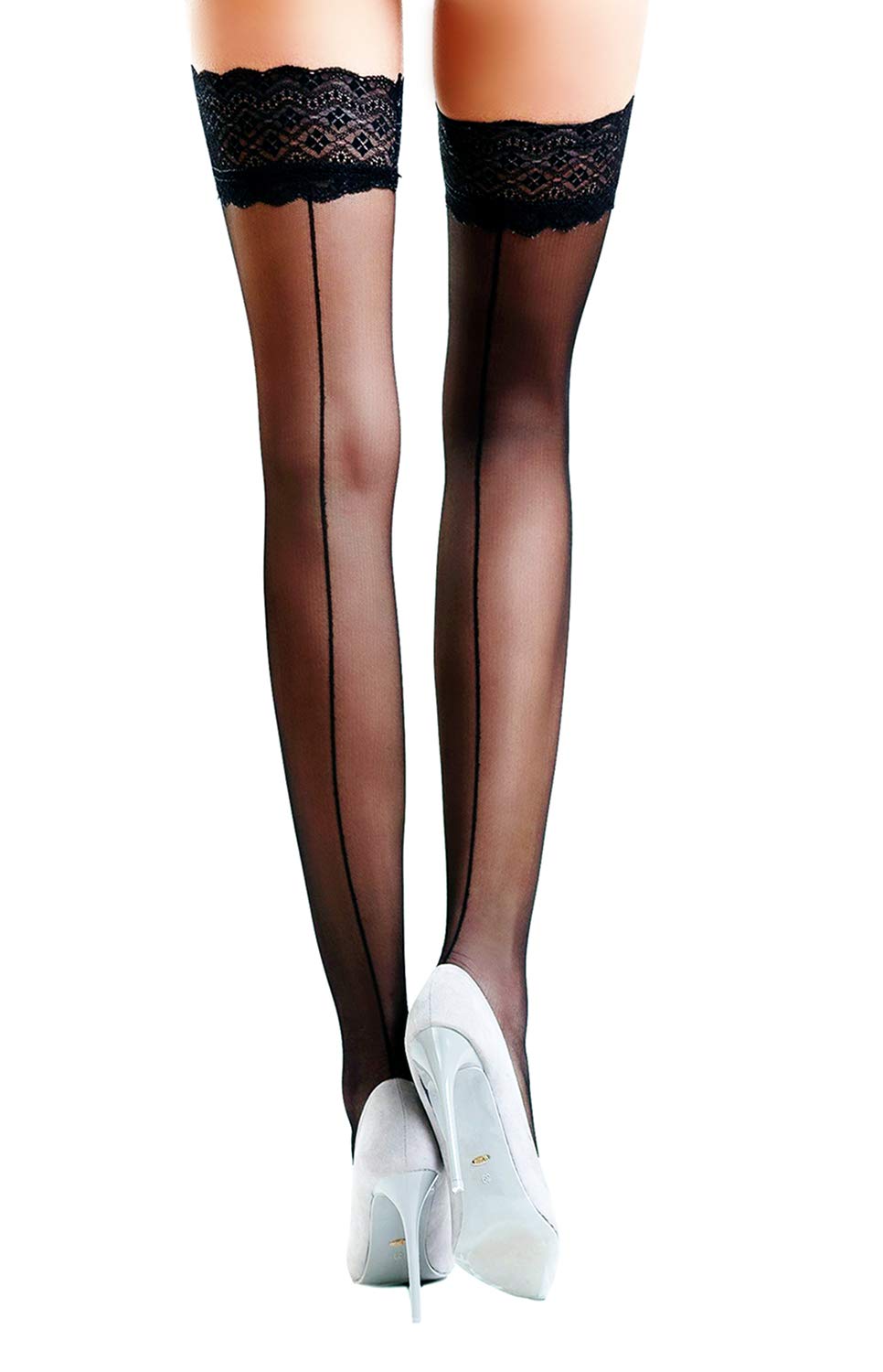 Mila MaruttiBack Seamed Thigh High Sheer Lace Top Stockings with Silicone Band