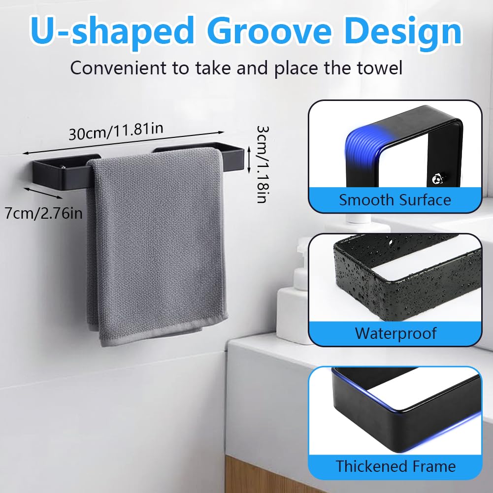 Portasciugamani Bagno Nero, Impermeabile, Antiruggine, Resistente all'Olio, Bagno Portasciugamani 30CM in Alluminio con Materiali di Installazione Inclusi, 2 Metodi di Installazione