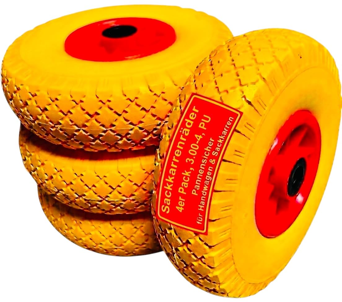 4X Sackkarrenrad Pannensicher VOLLGUMMI Ø 260mm, Nabe Ø20×75mm, 3.00-4, für Sackkarren Bollerwagen, Rad Ersatzrad Reifen Räder für Sackkarre Vollgummireifen Bollerwagenrad Sackkarrenräder, G/R, PU