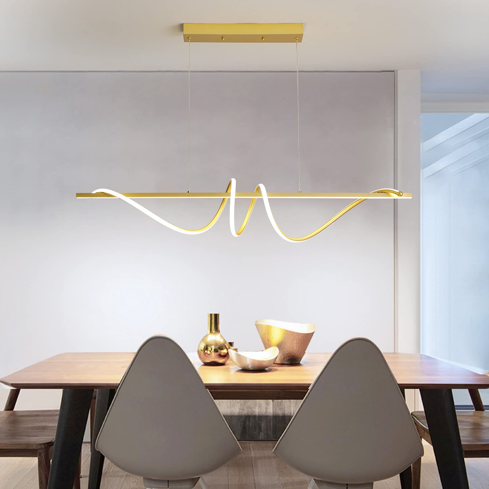 Mikeru 120CM Modern Golden Pendant Dining Light, Remote Control Dimmable Pendant Lighting 3000/4500/6000K Gold Spiral Kitchen Island Ceiling Lamp for Dining Living Room (Without Batteries)