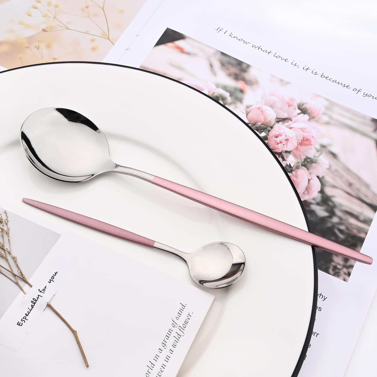 Juego de cubiertos de espejo, 24 piezas de cubiertos de acero inoxidable 18/0 con mango rosa, vajilla simple y moderna para fiesta en casa, restaurante, cena de Navidad, servicio para 6 (rosa