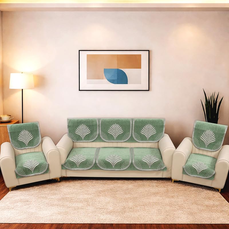 Image of MORADO Premium Chenille Sofa Cover Set 5 Seater | 3+1+1 Sofa Slipcover for Living Room, Drawing Room and Office, Leaf Green