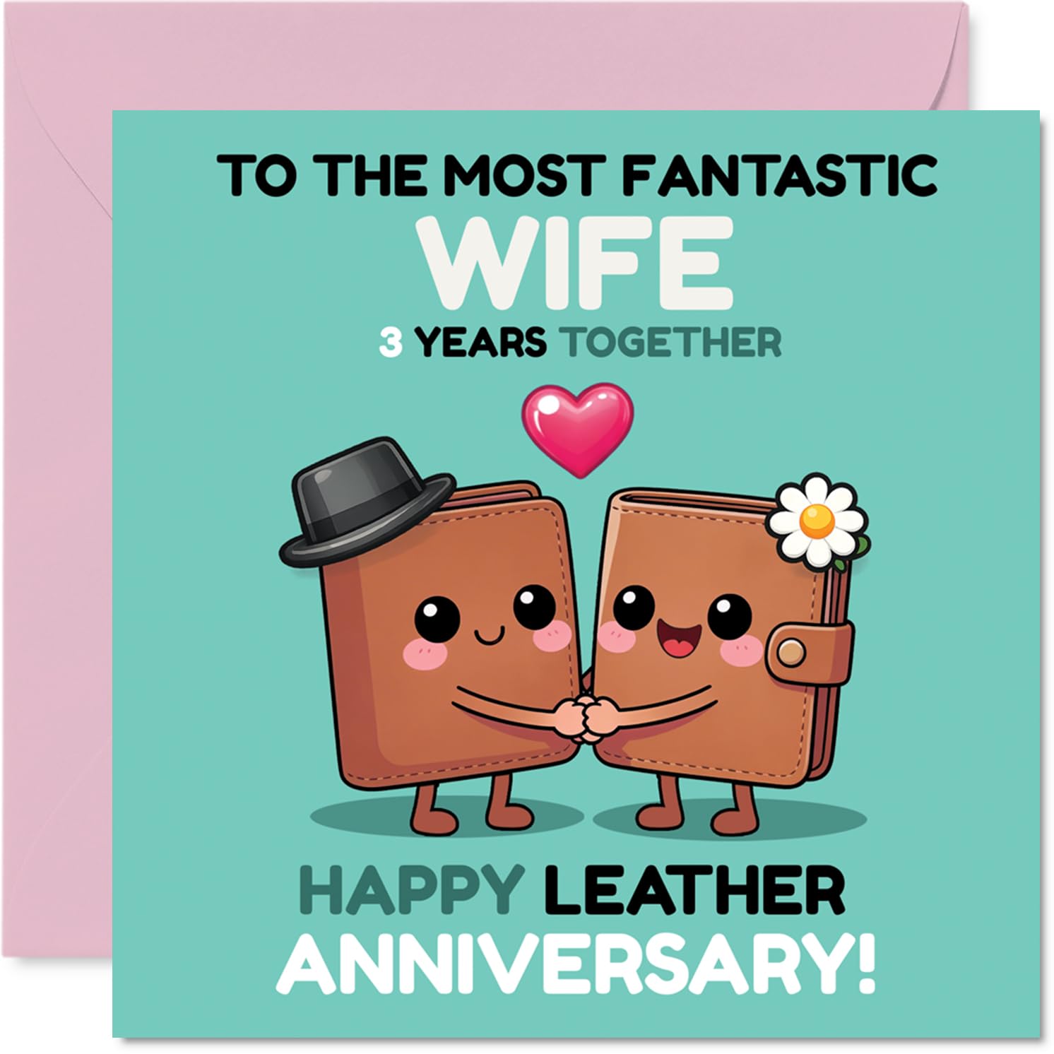 Cute 3rd Anniversary Card for Wife - Three Years of Love and Laughs - Adorable Wallets Holding Hands, Playful Leather Anniversary Design - 145mm Square, Envelope Included