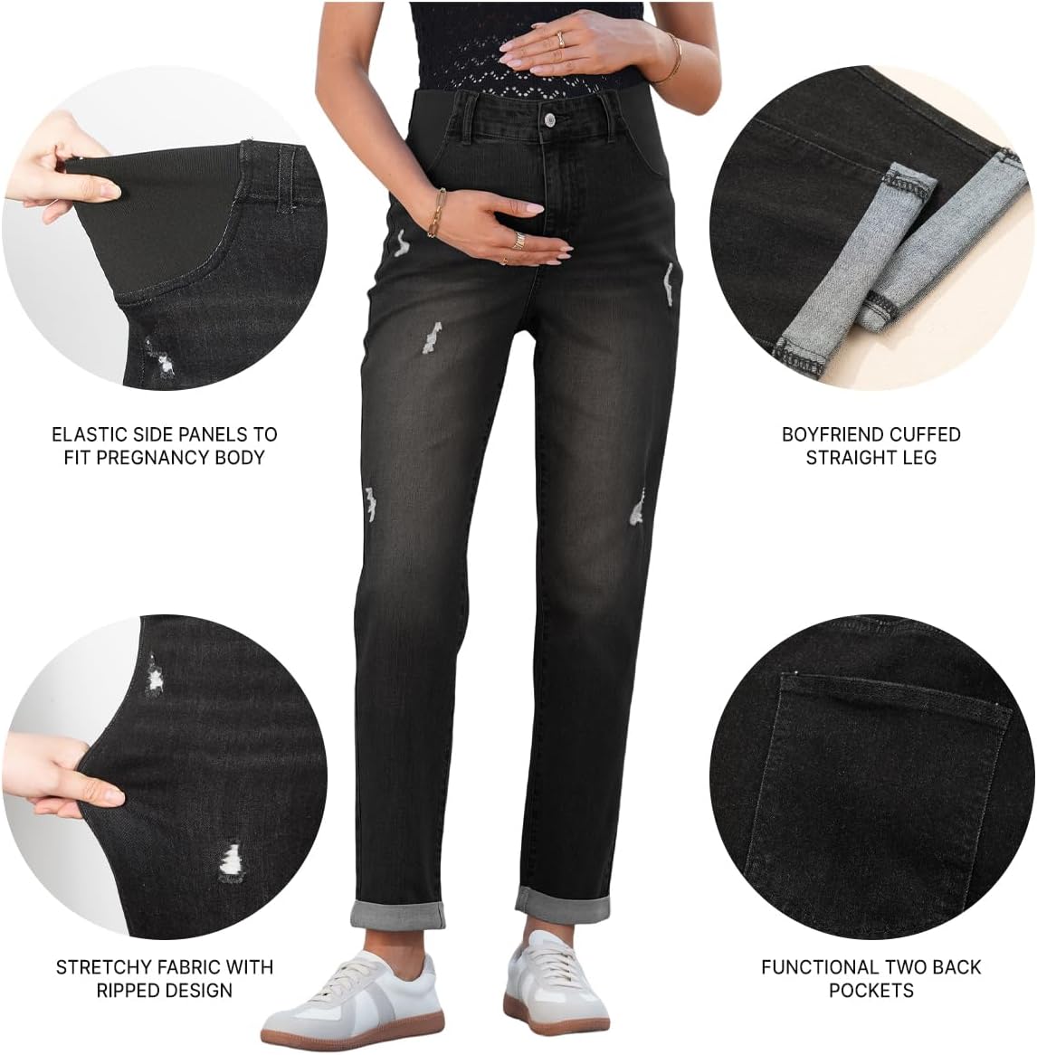 BLENCOT Women Maternity Jeans Elastic Waist Skinny Cuffed Ripped Pregnancy Cropped Pants