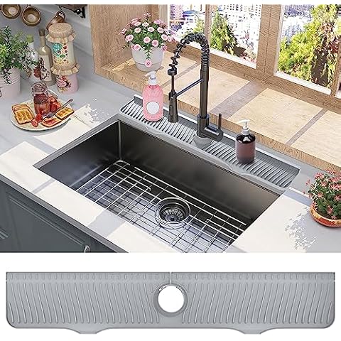 32 Inch Sink Splash Guard, Sink Faucet Drying Mat, Kitchen Faucet Splash Guard, Faucet Handle Drip Catcher Tray for Kitchen Bathroom Countertop, Faucet Mat Dish Soap Sponge Holder(Gray) Cover