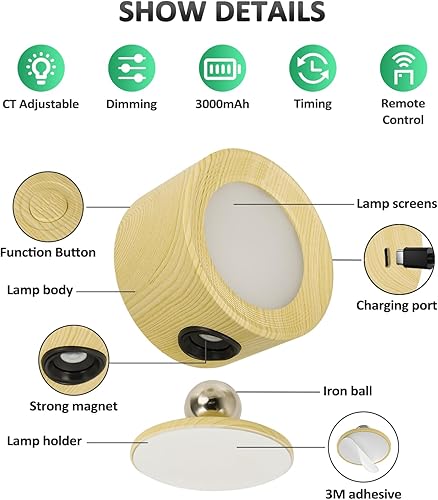 Miniatura 6 de Lightbiz Apliques LED de pared, lámpara de pared 2 piezas con control remoto recargable con pilas, 3 temperaturas de color y luces de pared