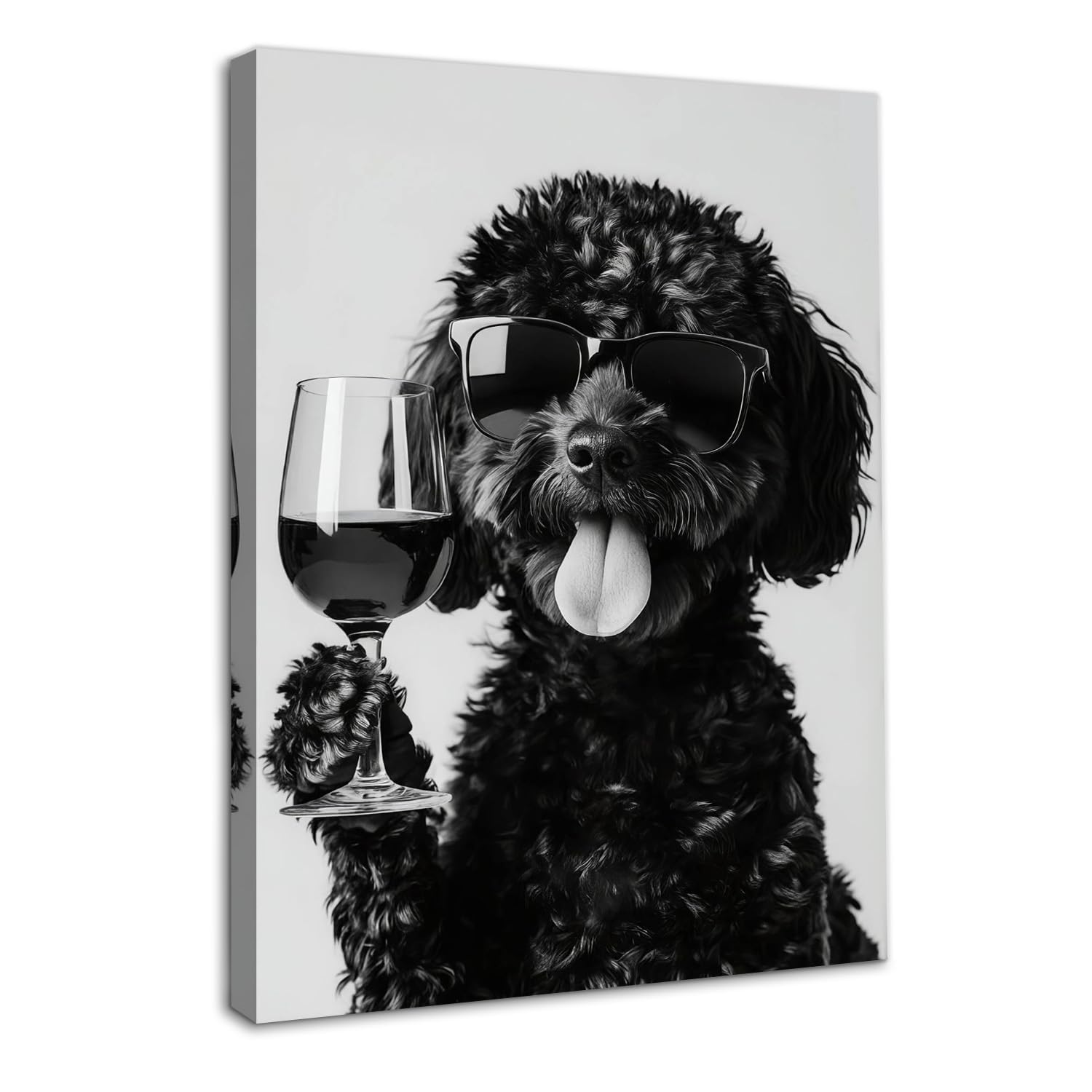 Dazzlewall Framed Funny Animal Wall Art Humor Dog Drinking Wine Poster, Black and White Dog Picture for Bathroom Kitchen Bedroom Decor 12×16 in