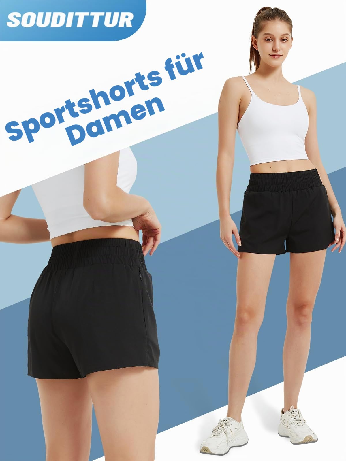 Soudittur Badeshorts Damen Badehose Hohe Taille Schnell Trocknende Boardshorts Wassersport 2 in 1 Laufhose Kurz Sporthose mit Reißverschlusstasche