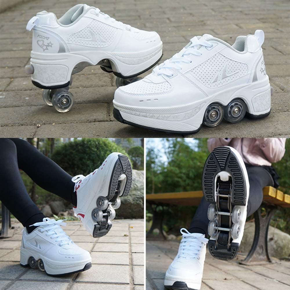 Rollschuh Roller Skates Lauflernschuhe, Sneakers, 2in1 Mehrzweckschuhe Schuhe Mit Rollen Skateboardschuhe,Inline-Skate,Verstellbare Quad-Rollschuh Stiefel,Silver-41