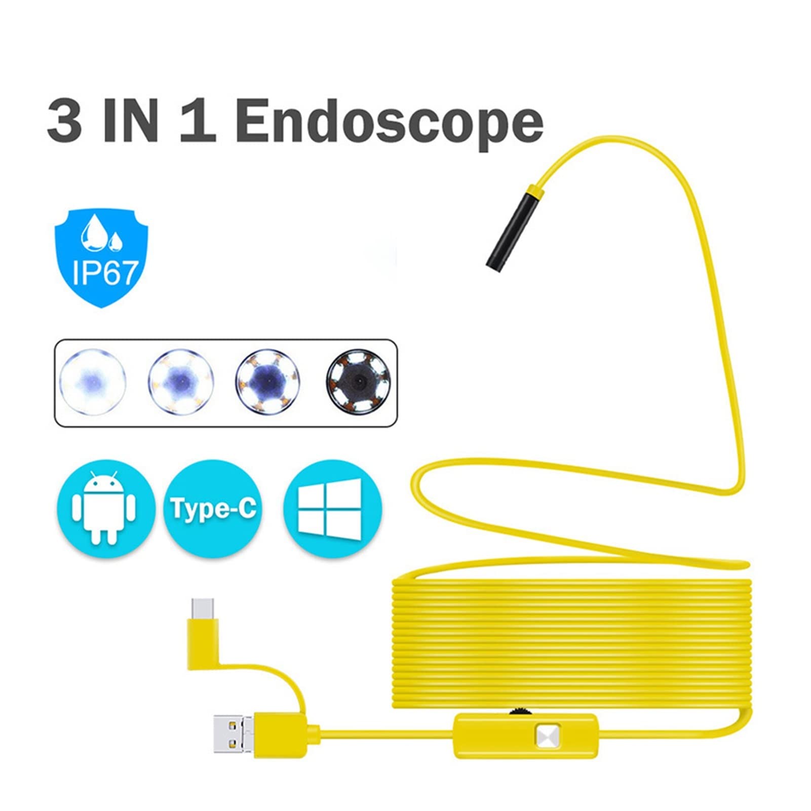 Kamera endoskopowa, 7mm. Endoskop 3 w 1 USB/Mikro. Type-C Kamera inspekcyjna boroskopowa Wodoodporna dla smartfona(10m,7mm Yellow)