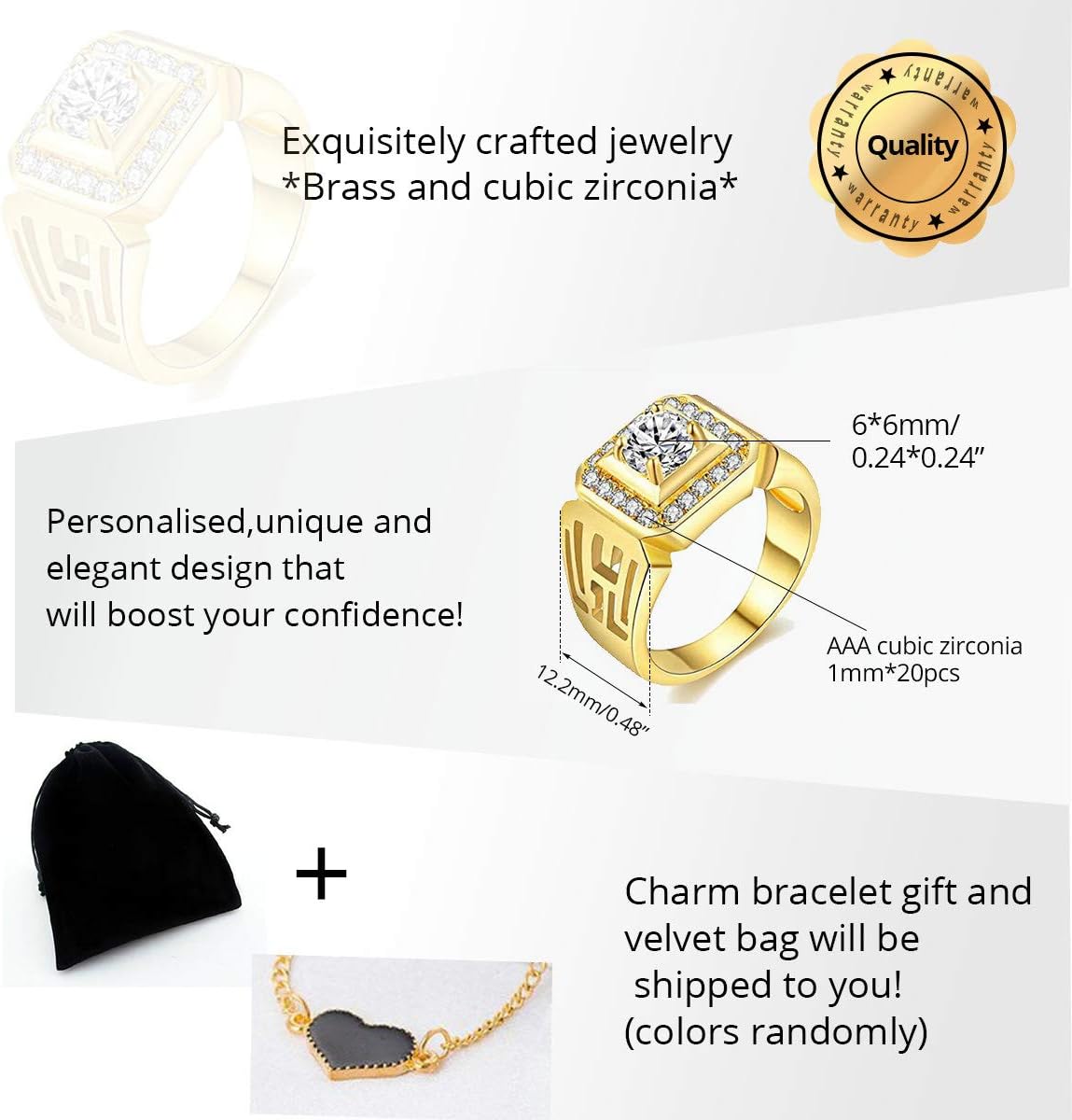 Uloveido Wide Square Brilliant Cut Platinum &Gold Plated Rings With Shiny Cubic Zirconia Luxurious Rings Wedding Band for Men JX001 Size 7 8 9 10 11